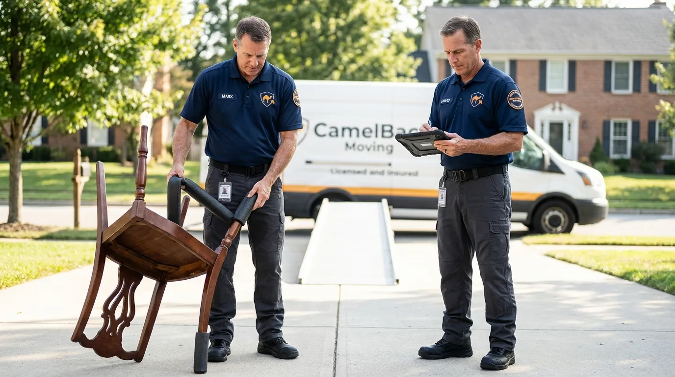 Movers inspecting furniture for damage prevention before loading in Springfield Gardens, NY
