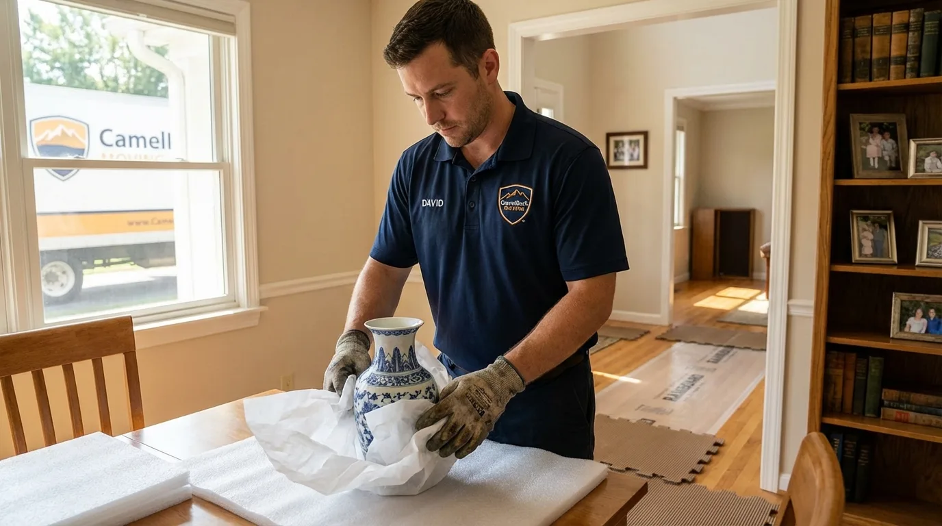 Professional crew carefully wrapping antique vase for senior downsizing move in Springfield Gardens, NY